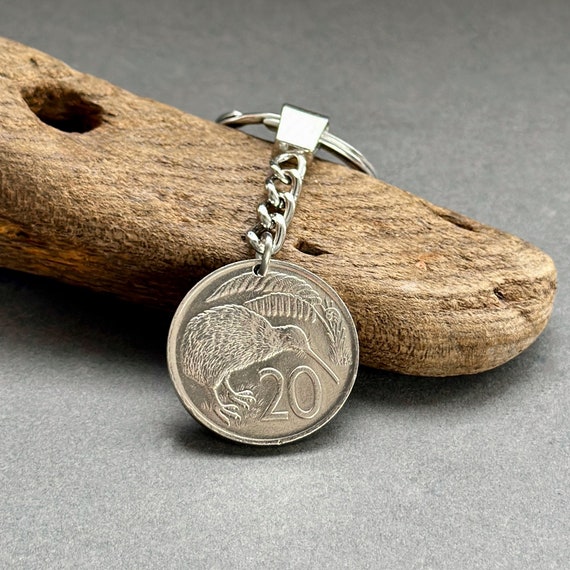 1977 New Zealand 20 cents coin keyring, kiwi, for a perfect 47th Birthday or Anniversary gift