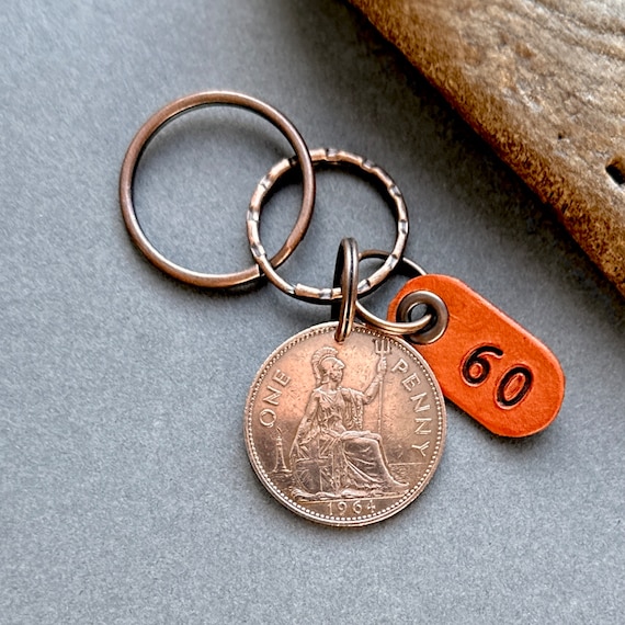 60th birthday gift, 1964 British penny and leather number 60 tag key ring or clip
