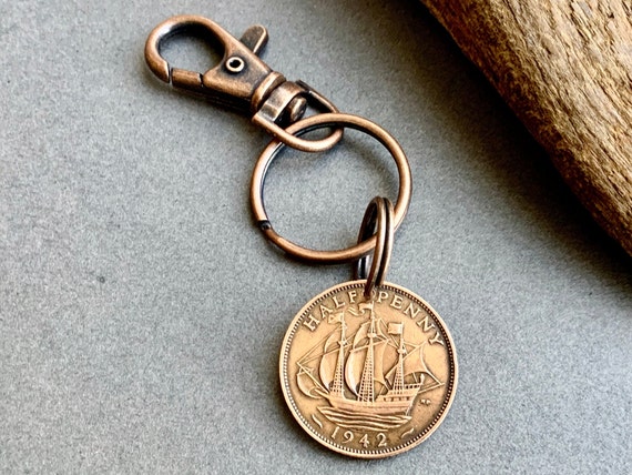 1942 British half penny coin key ring bag clip a perfect 80th birthday gift, handmade using a genuine halfpenny coin from the U.K.