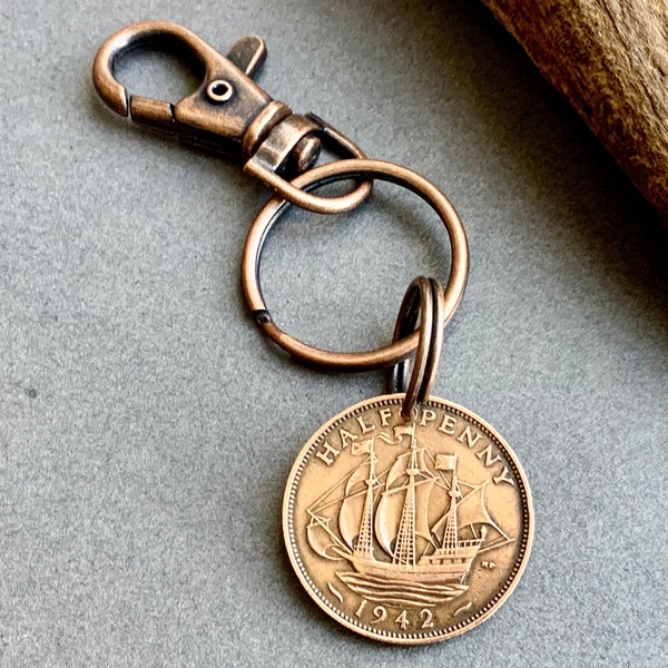 1942 British half penny coin key ring bag clip a perfect 82nd birthday gift, handmade using a genuine halfpenny coin from the U.K.
