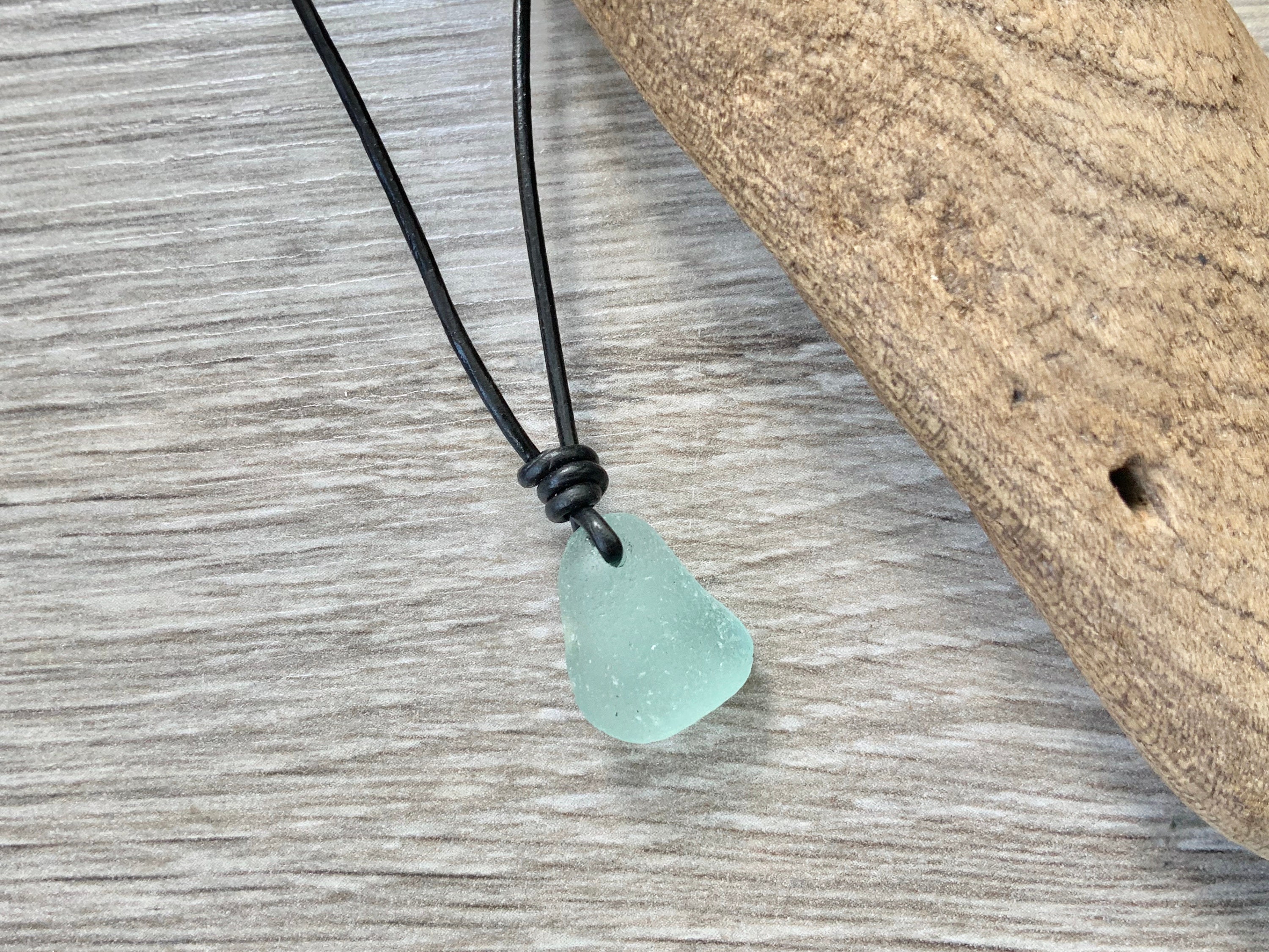 Simple small sea glass necklace, adjustable black leather cord, genuine beach glass pendant