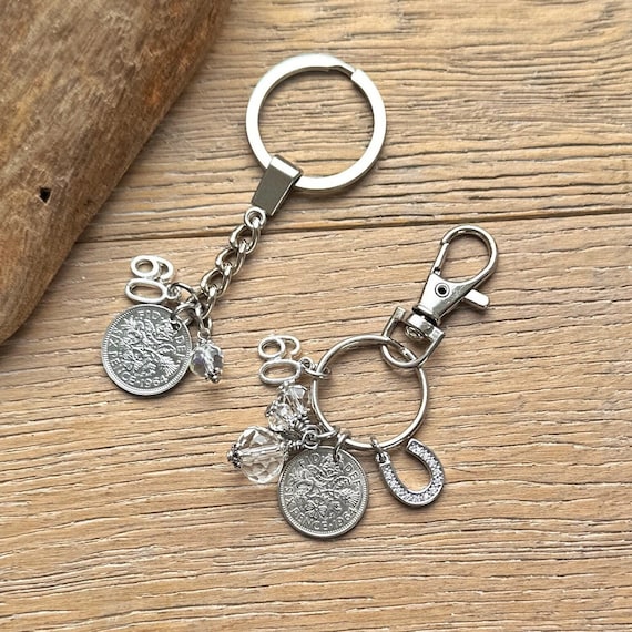 60th Anniversary couples gift, Diamond wedding anniversary, 1963 or 1964 Lucky sixpence keyring and a 1964 sixpence charm clip