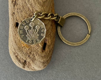 1952 Vintage British threepence coin keyring or clip for a perfect gift for a 72nd birthday