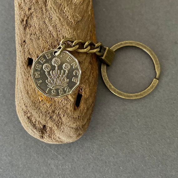 1952 Vintage British threepence coin keyring or clip for a perfect gift for a 72nd birthday