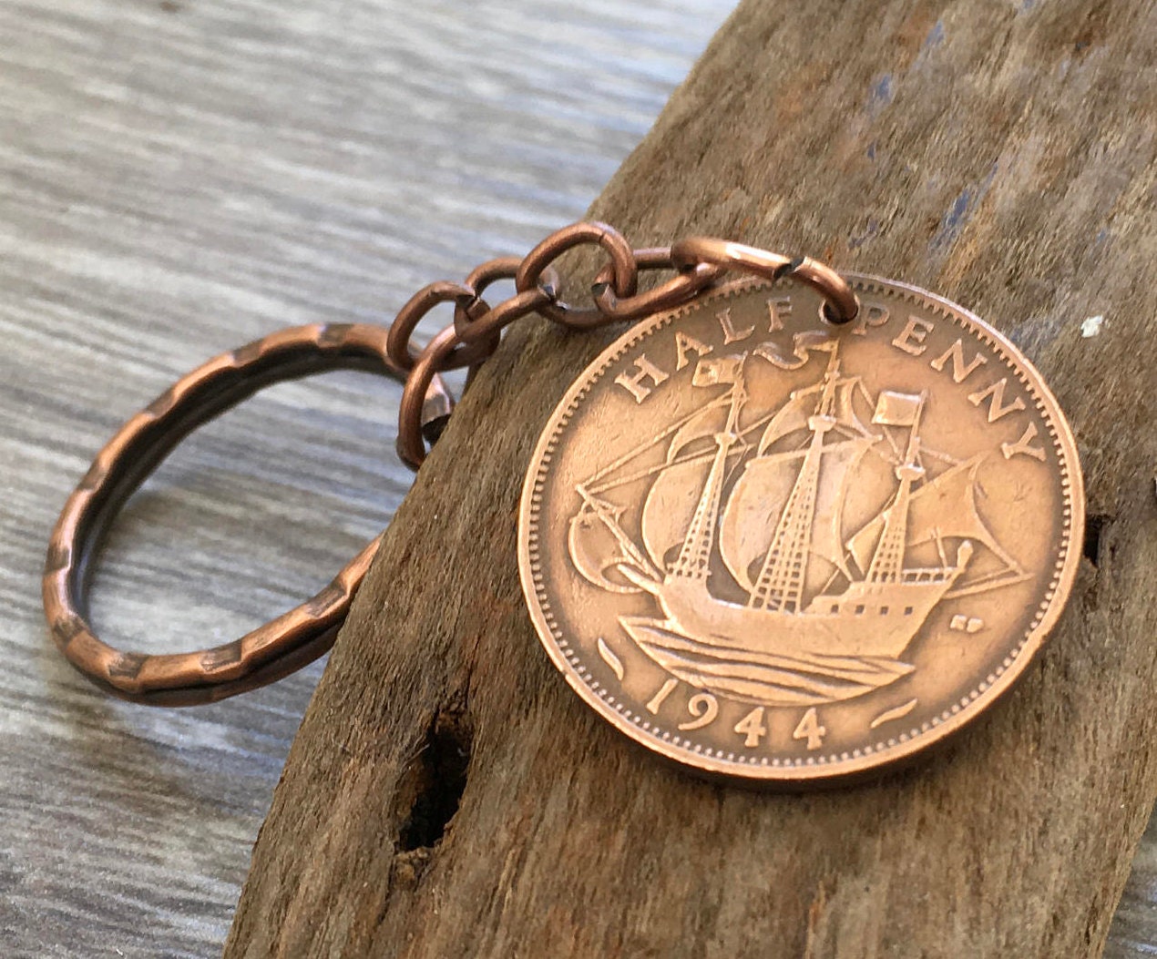 74th Birthday Gift 1944 British Coin Keyring Sailing Ship Key Chain 