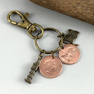 British penny and American penny keyring, Keychain or clip, a great transatlantic anniversary gift
