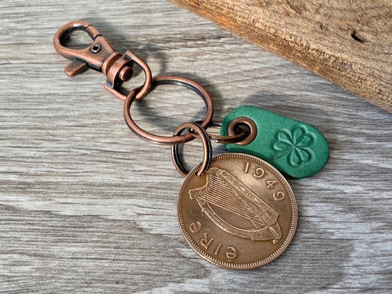 Irish penny and shamrock keychain, keyring or clip, choose coin year for a perfect birthday or anniversary gift for man  or woman