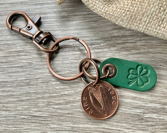 1990 Irish penny keyring, Key chain or clip choose coin year, shamrock charm 33rd birthday gift or anniversary present