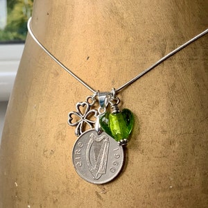 Irish sixpence and four leaf clover necklace, choose coin year for a perfect birthday present for a woman