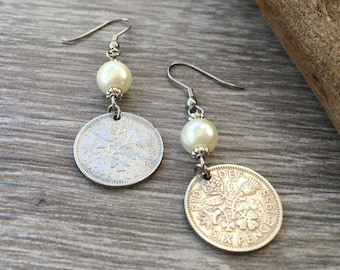 60th birthday gift for her, 1958 British sixpence earrings, pretty English coin Jewelry, retirement present woman, Boho coin earrings