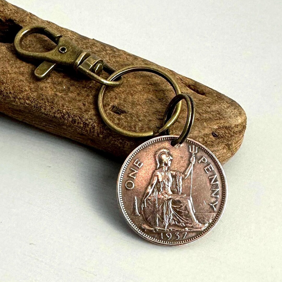 1937 British Big Penny Keychain, English Keyring or Clip, for a ...