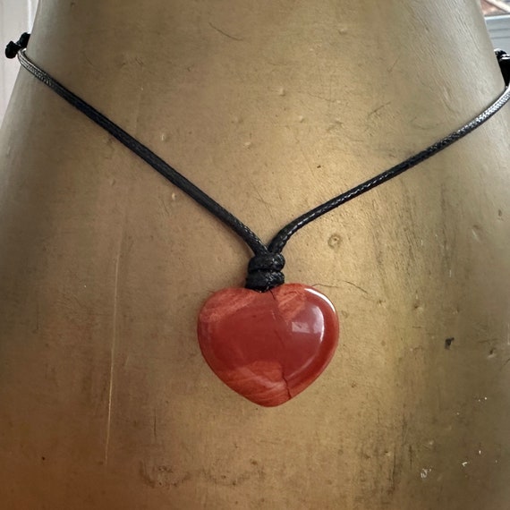 Red jasper heart pendant necklace on black  cord simple boho jewellery, valentines gift wife, girlfriend