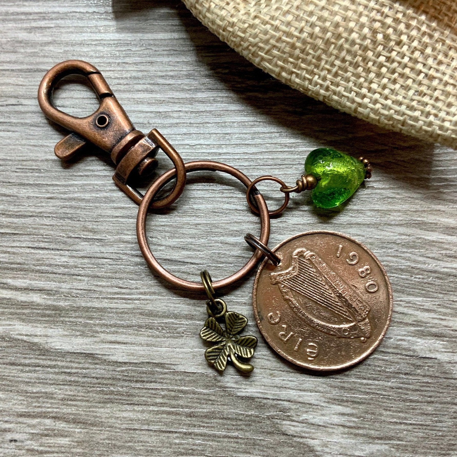 1980 Irish coin bag charm, Celtic good luck, Ireland lucky purse charm, 40th birthday or