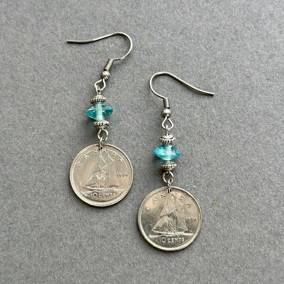 1974 Canadian coin earrings, 50th Birthday or anniversary gift, dime earrings from Canada