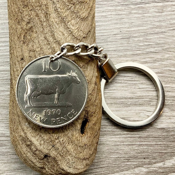 1970 Channel Island coin  Key ring, Guernsey 10p coin key chain, 54th birthday or anniversary, Guernsey cow coin present