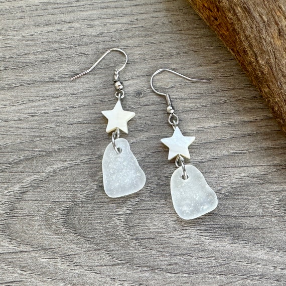 Sea glass earrings, English beach glass with shell stars, stainless steel ear wires, long dangle, white earrings, beach wedding, bridesmaids