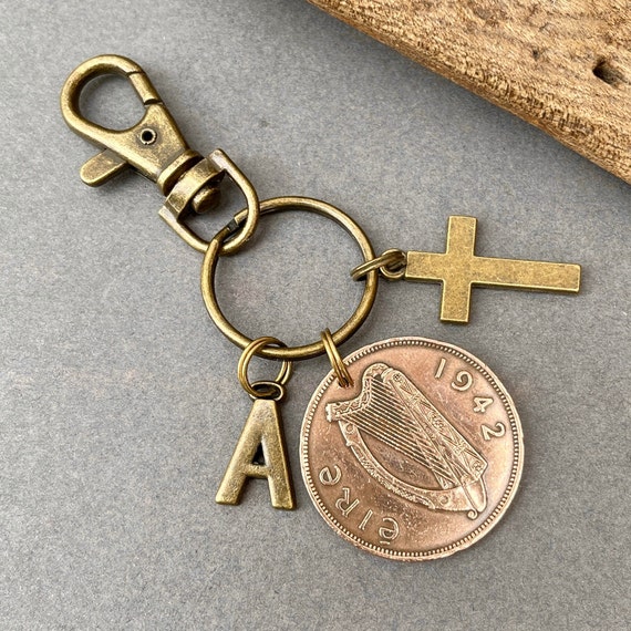 Old Irish penny Key ring or clip, with a cross and initial of your choice