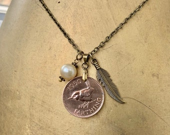 Farthing and feather necklace choose coin year 1940 - 1952 birthday gift vintage British bird coin pendant jenny wren, present for a woman