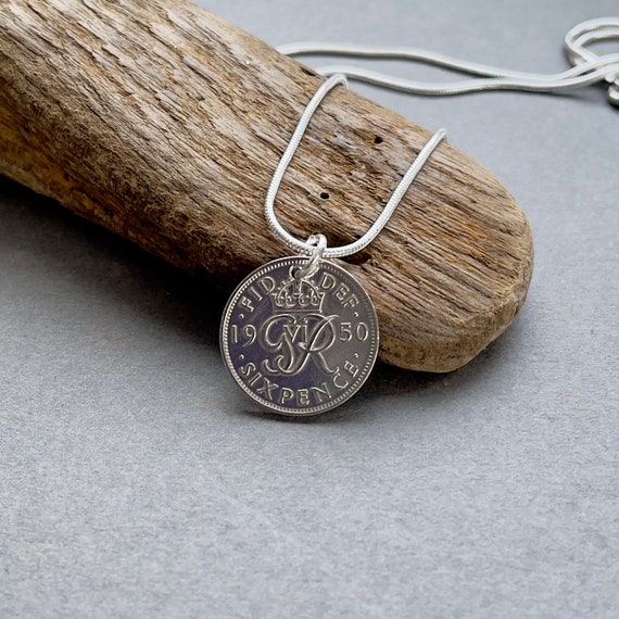 1950 Lucky sixpence necklace on a silver plated chain, in a luxury gift box, hand tied with an organza ribbon a perfect 74th birthday gift
