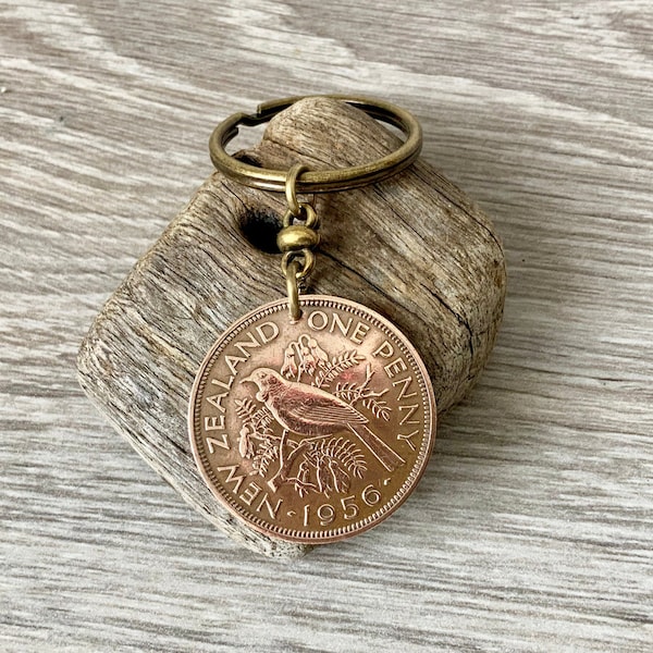 New Zealand penny keyring, keychain or clip, 1955 or 1956 choose coin year, tui bird coin