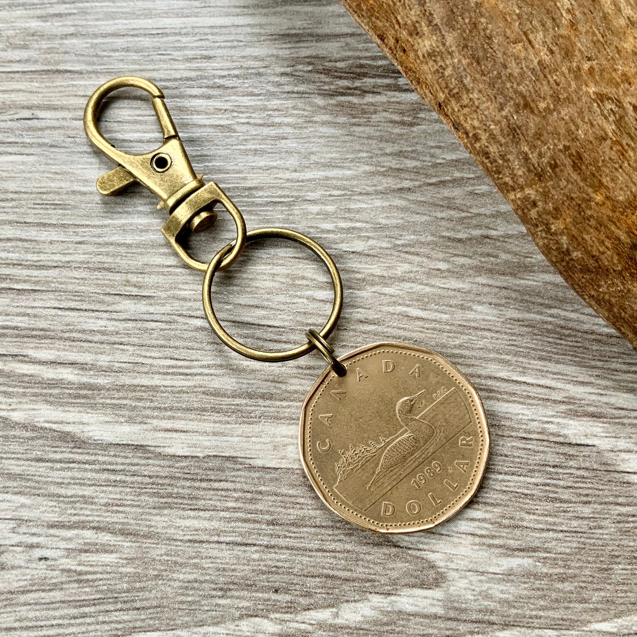 Canadian coin keychain, 1987, 1988, 1989, 1990 canada looney keyring