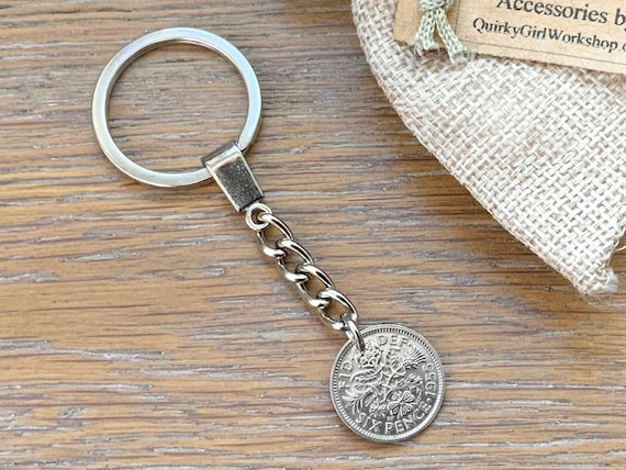 lucky 1955 sixpence keyring, British coin keychain or clip, 67th birthday gift or anniversary present for a man or woman