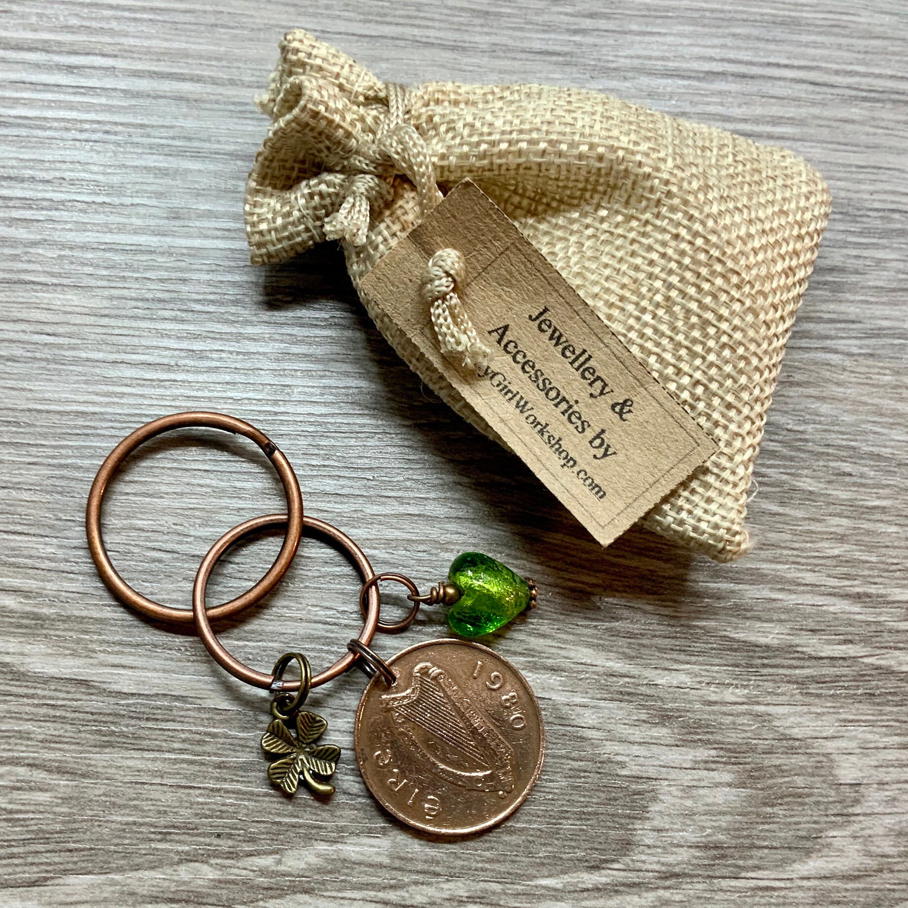 1980 Irish coin bag charm, Celtic good luck, Ireland lucky purse charm, 40th birthday or