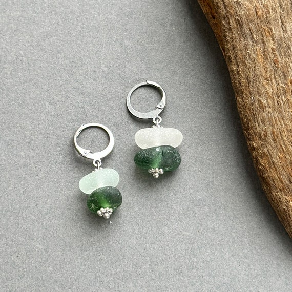 Sea glass earrings, found beach glass jewellery, lever-back ear wires, recycled glass ear bobs, short dangle earrings, gift for her, woman