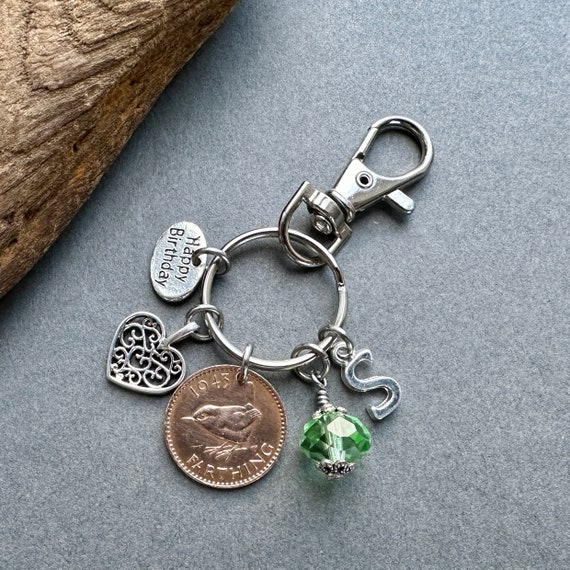 1943 wren farthing birthstone charm, bag clip, personalised 81st birthday gift, choose initial and birthstone colour