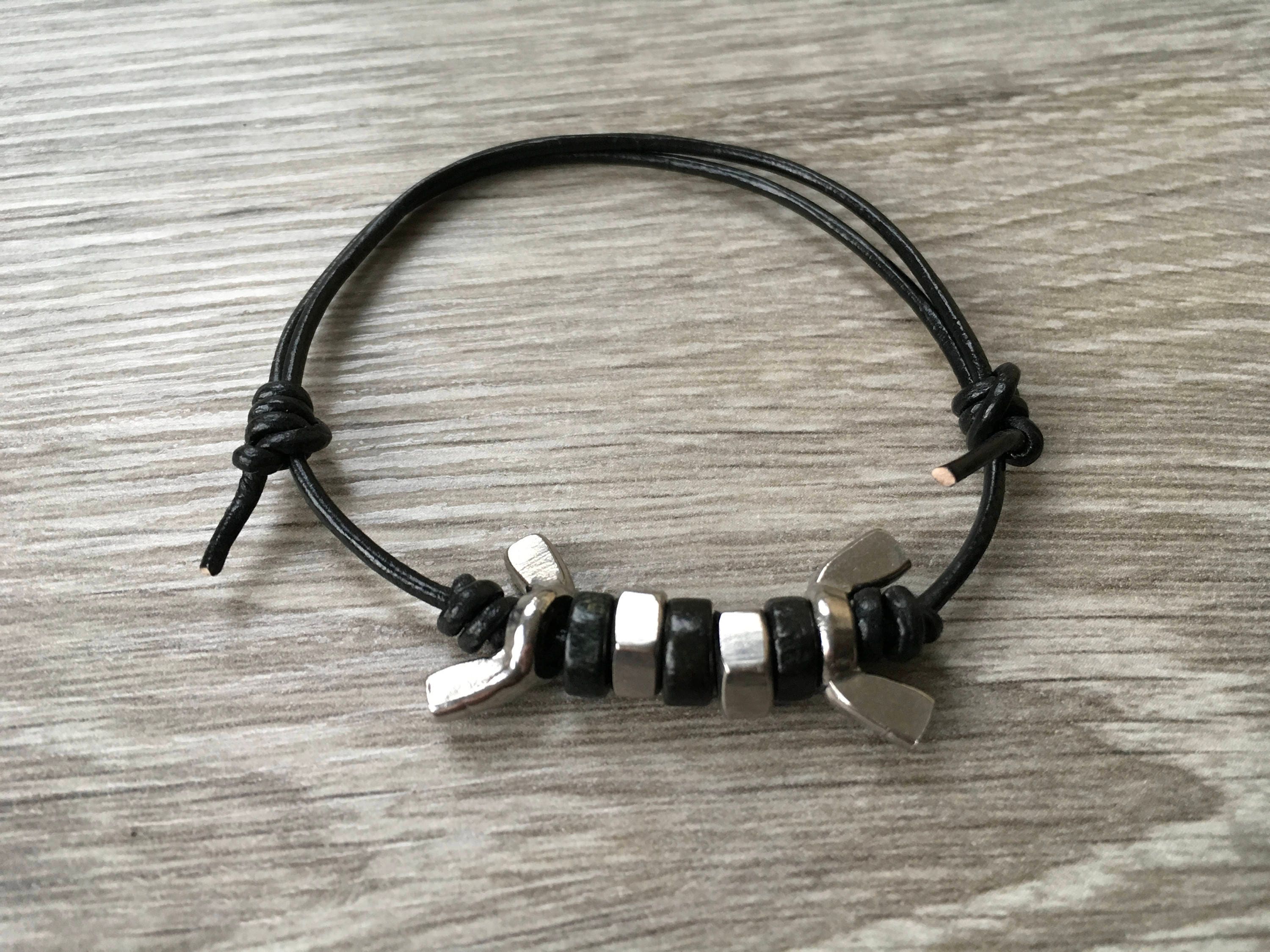 Leather and hex nut bracelet, men's wing nut bracelet, unisex hardware