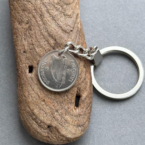 90th birthday gift, 1934 Lucky Irish sixpence key chain, key ring, for a perfect birthday gift, Irish wolfhound coin from Ireland