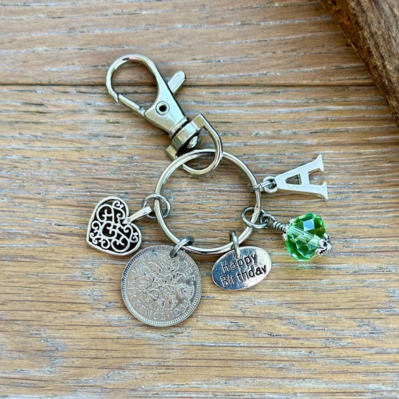 70th birthday gift, 1954 lucky sixpence charm bag clip, personalised gift, choose initial and birthstone colour, nostalgic birthday gift