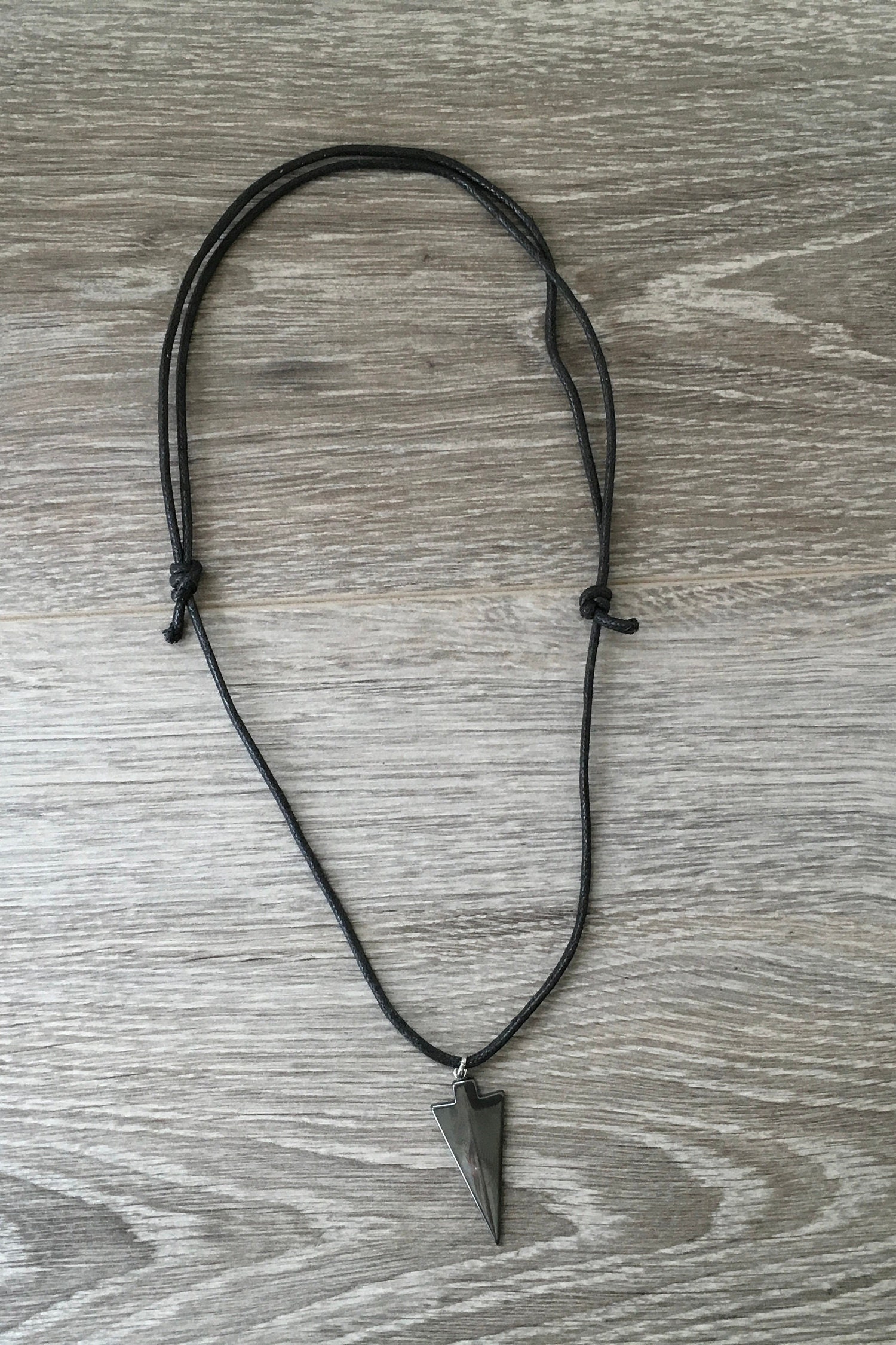 Arrowhead necklace, thick black cotton cord, adjustable hematite Choker