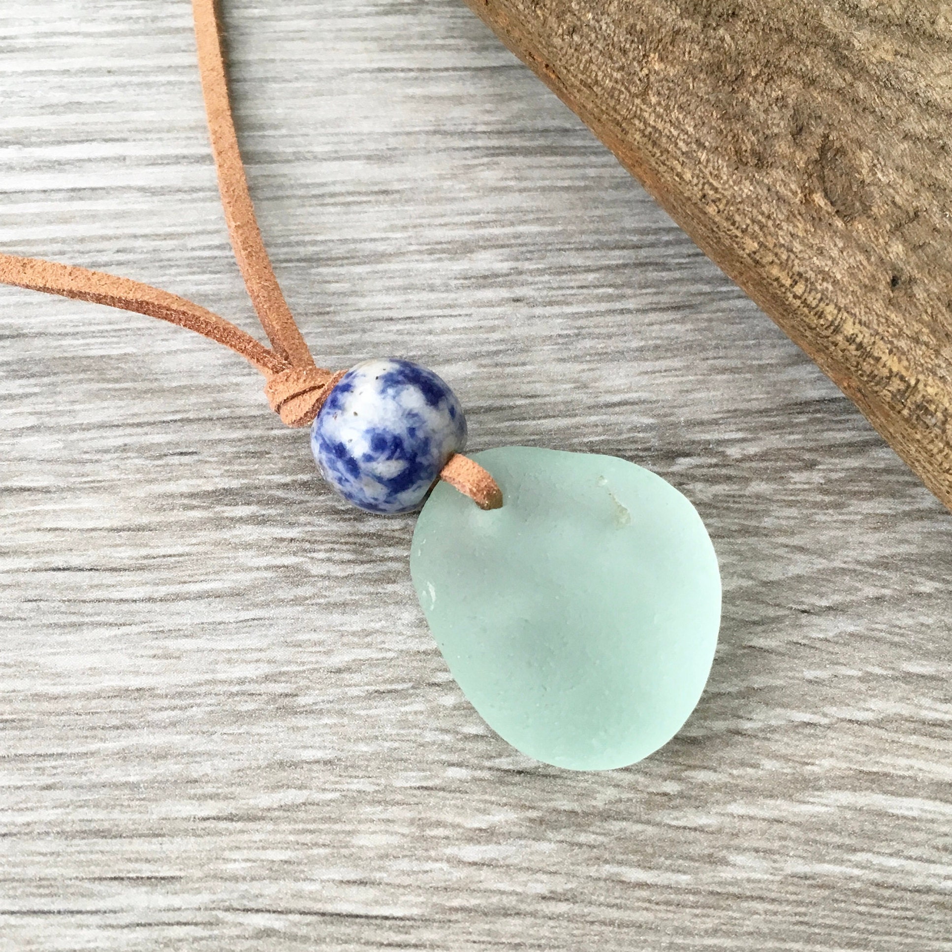 Natural sea glass pendant, Cornish beach glass unisex necklace with