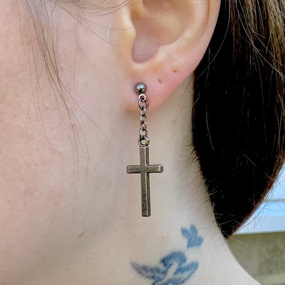 Single gunmetal grey cross earring, also available as a pair of earrings