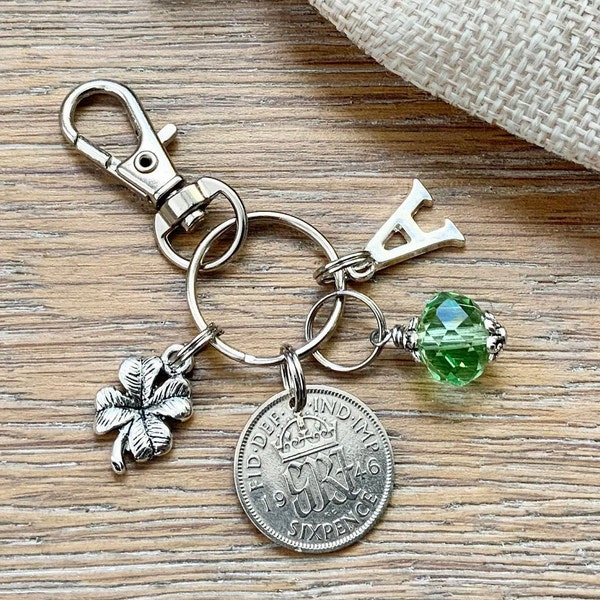 1946 silver sixpence, 78th birthday gift, birthstone charm,  bag clip, personalised gift, choose initial and birthstone colour