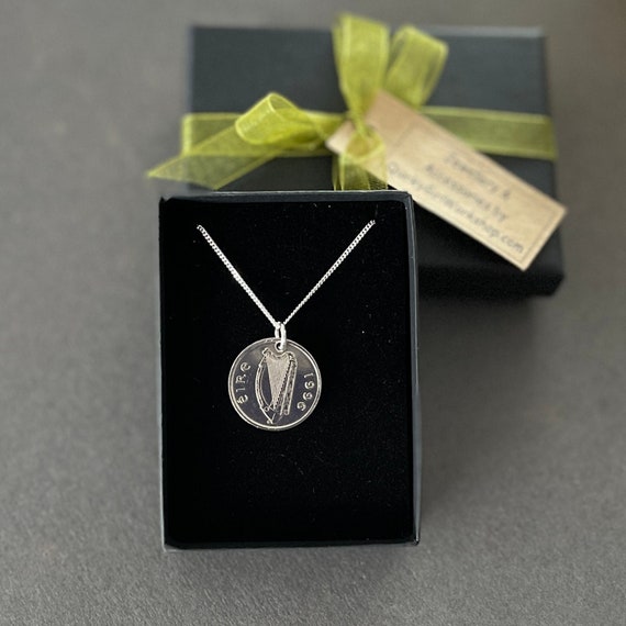1996 Irish coin necklace, Taurus bull pendant, sterling silver chain, Anniversary present or birthday gift from Ireland