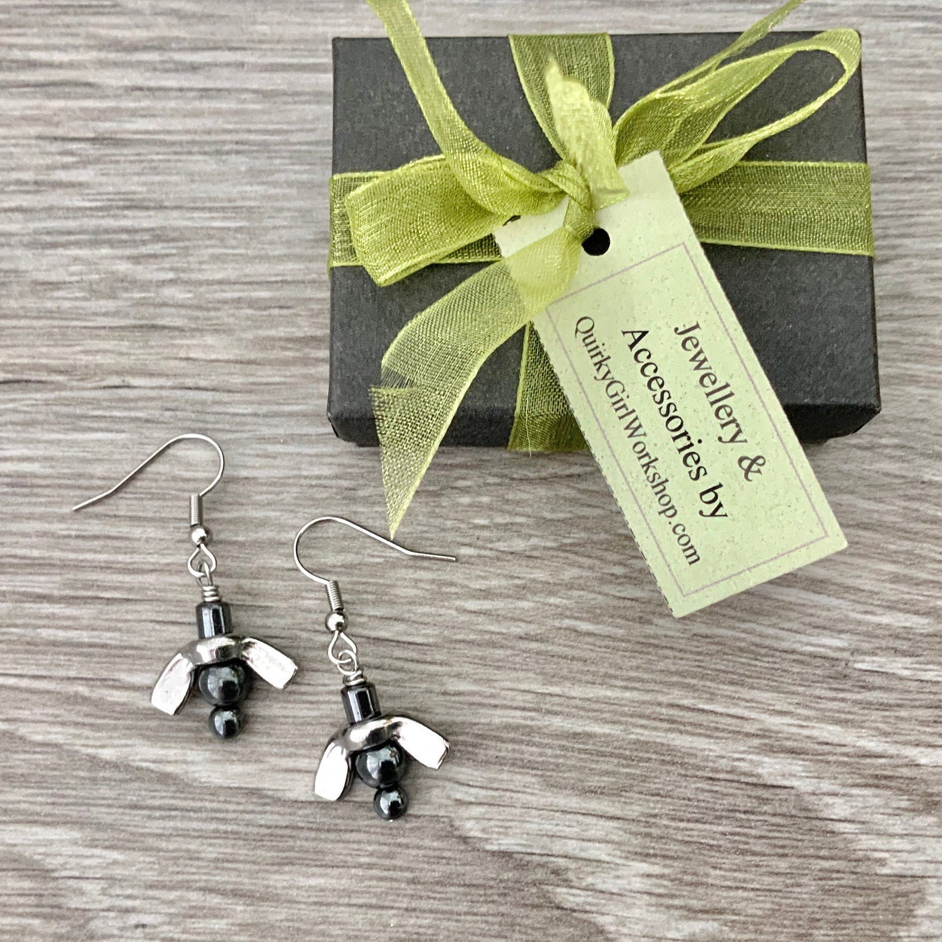 Wing nut earrings, hematite bead jewellery, grey urban long dangle
