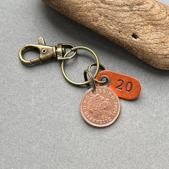 20th birthday or anniversary gift, 2004 UK two pence coin keychain, keyring or clip