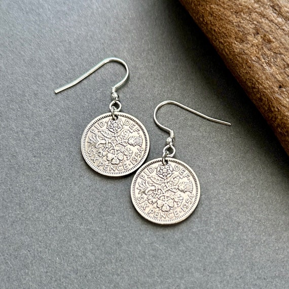 70th birthday gift, 1954 Sixpence earrings, handmade with Sterling silver ear wires