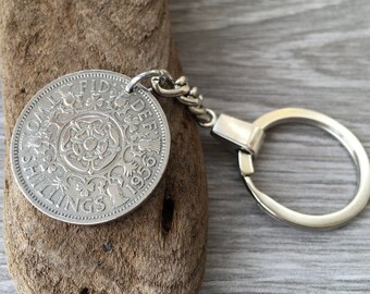 British florin keyring, or clip handmade using a UK two shilling coin Keychain, 1953, 1954, 1955,  1956 or 1957 available, choose coin year