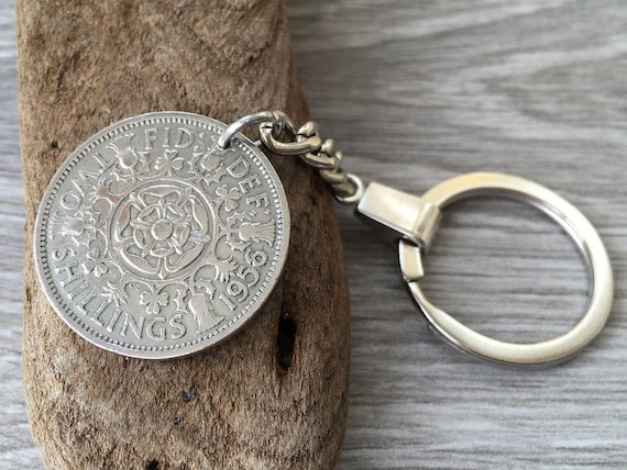 British florin keyring, or clip handmade using a UK two shilling coin Keychain, 1953, 1954, 1955,  1956 or 1957 available, choose coin year