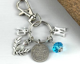 70th Birthday Gift: Scottish Thistle 1956 Sixpence Bag Charm, Initial & Birthstone