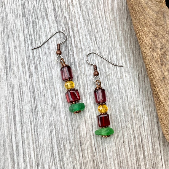 A pair of Sea glass and bead earrings unusual colourful earrings handmade with sea glass, coloured glass beads and stainless steel ear wires