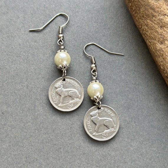 1964 Irish hare Coin and pearl earrings, 60th birthday gift, anniversary present for a woman,