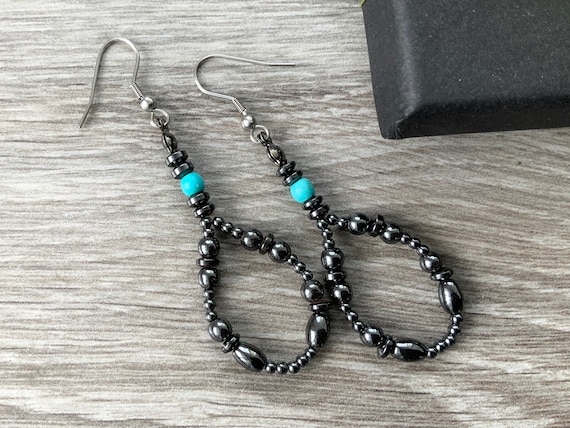 Long beaded Hematite earrings handmade with turquoise dyed howlite, grey drop earrings