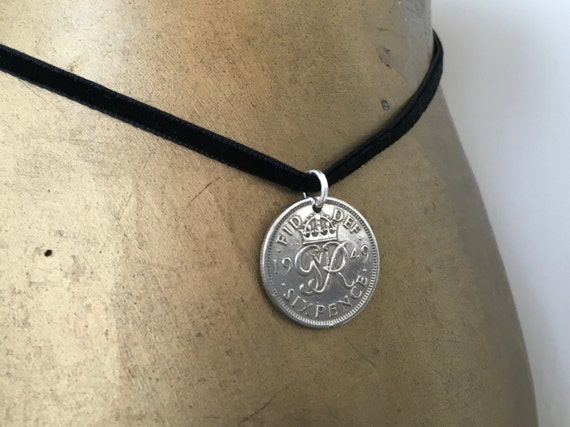 Sixpence on a simple sophisticated black velvet ribbon, lucky coin pendant necklace choose coin year for a perfect birthday gift