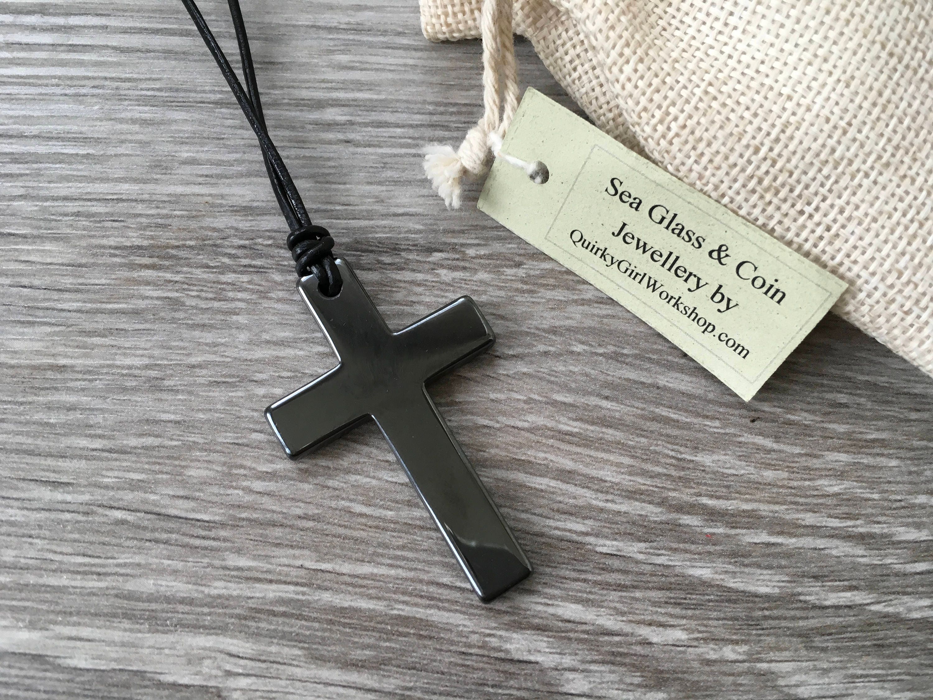 Large Hematite Cross necklace, choose between black leather or black