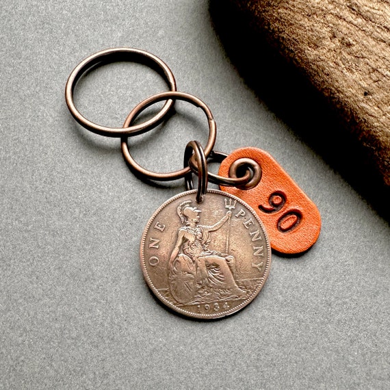 90th birthday gift, a 1934 British penny handmade into a key ring or clip with a hand stamped leather number 90