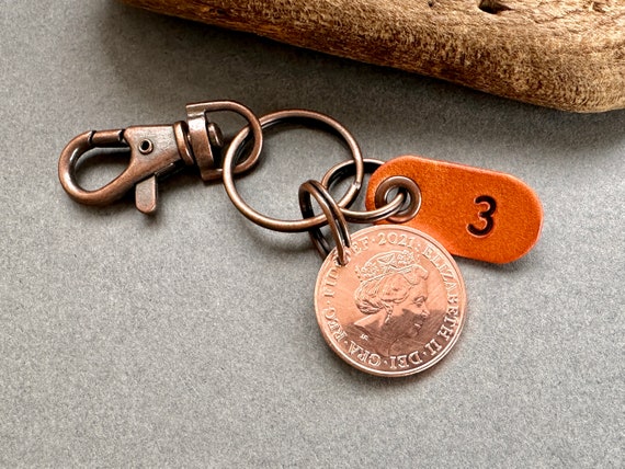 Leather anniversary in 2024, a 2021 UK two pence coin keyring or clip with a hand stamped number 3 leather tag, three year, 3rd anniversary,